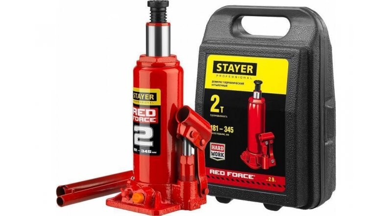 Домкрат гидравлический бутылочный в кейсе «Stayer red force»