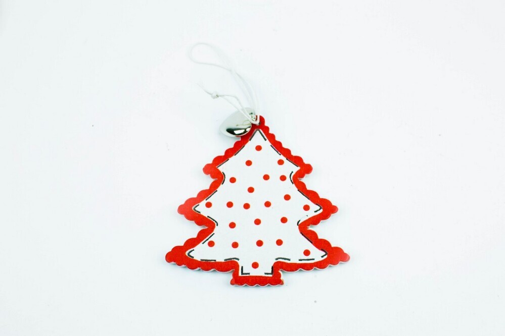 Украшение елочное 8,5см (уп. 1шт)  Елочка в горошек  дерево, красн.-бел.