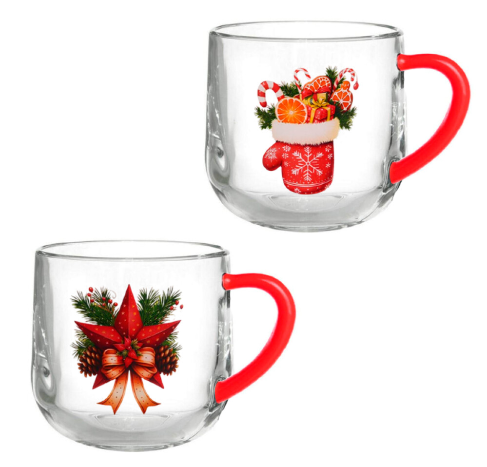 Кружка 300мл стекло  Зимняя фантазия  крашеная ручка ассорт.