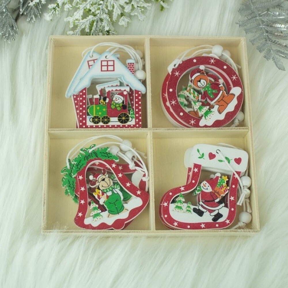 Украшение елочное 13см (уп. 12шт)  Новогоднее  (валенок, шар) дерево, красный