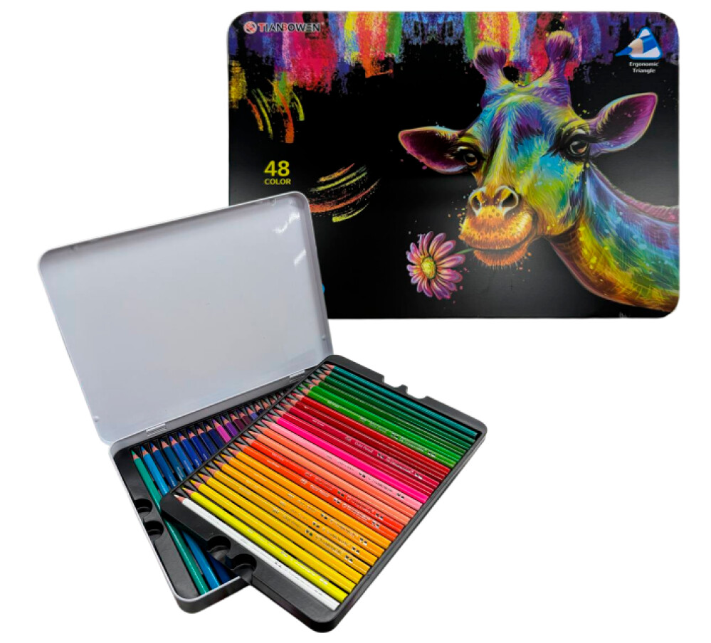 Карандаши 48цв трехгран. дерев.  Радужный жираф  мягкие в метал. пенале