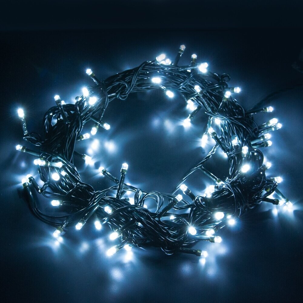 Гирлянда  Нить  100 LED крупн., 9м, чер. пр-д, УМС-вилка, с/прогр. холод. белый