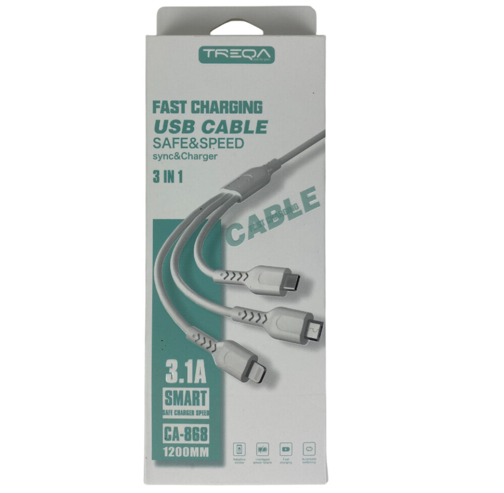 Кабель micro usb/type-c/lightning - USB 1м 3.1A TREQA