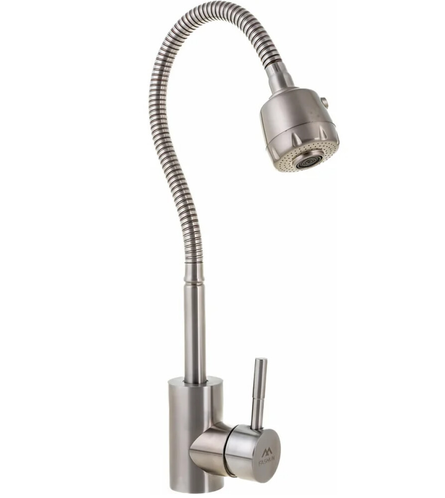 Смеситель для кухни рычажный гибкий излив 53см аэратор 2 режима нержавейка