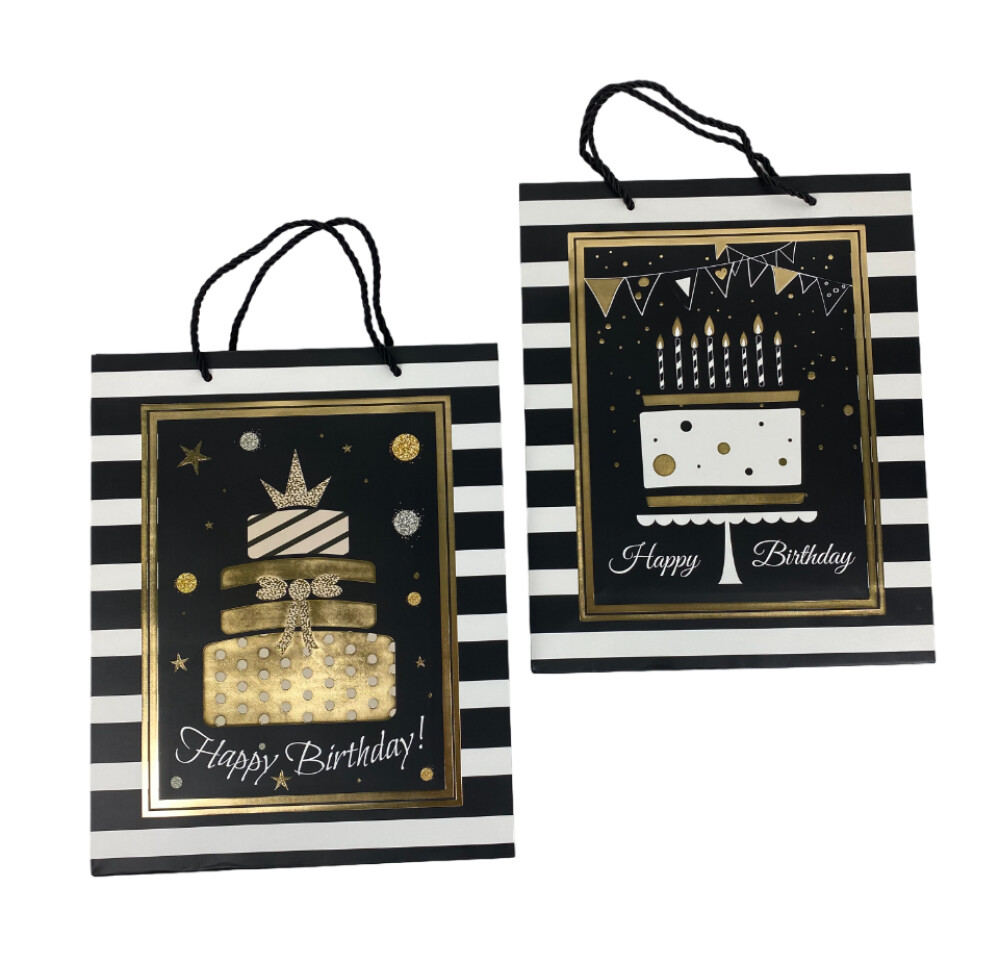 Пакет подарочный бум. 26х32х10см  С днем рождения!  черный с золотом ассорт. Starlight